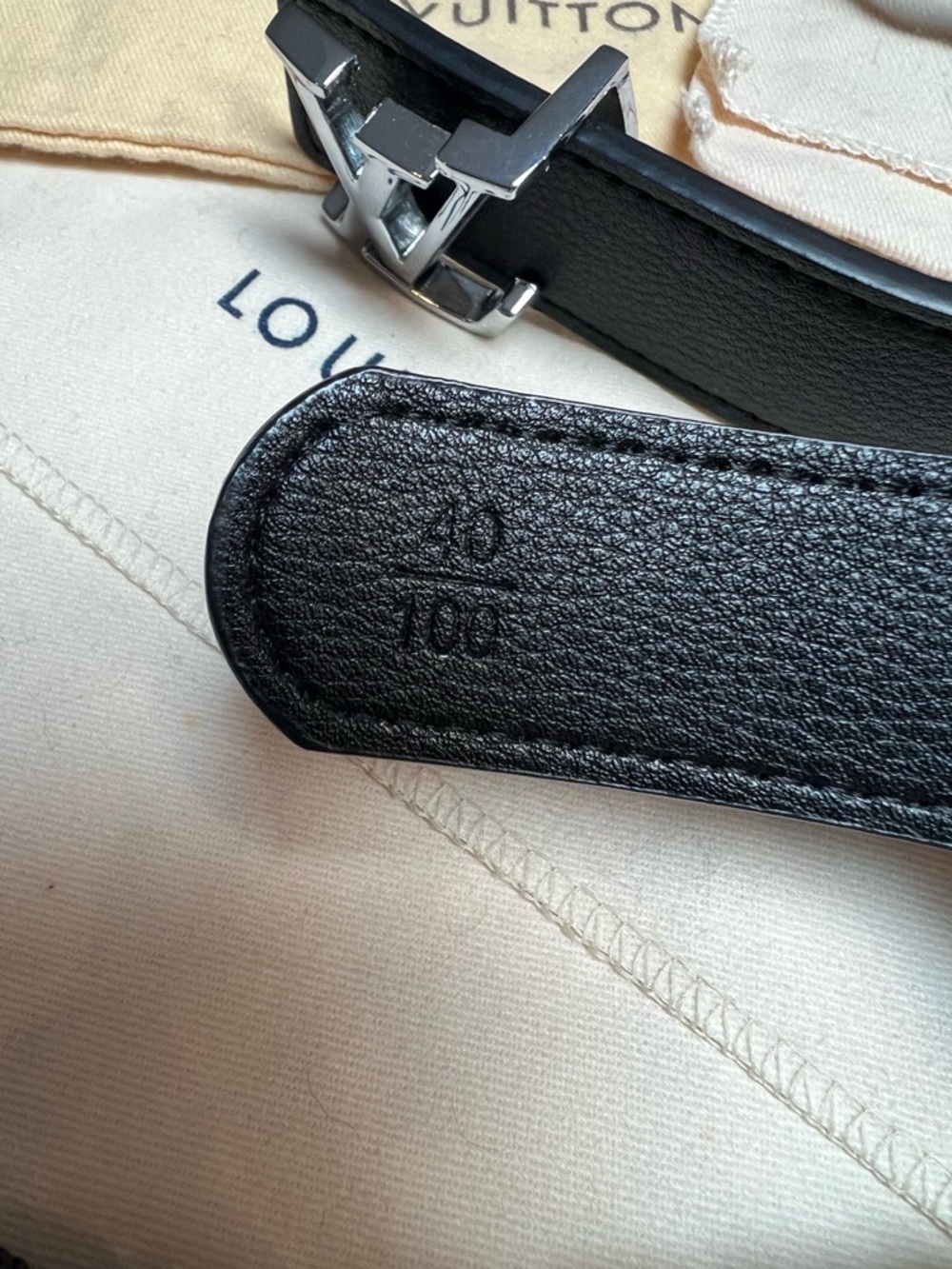 Louis Vuitton Black Leather Belt with Silver LV Initials Buckle - Picture 5 of 7